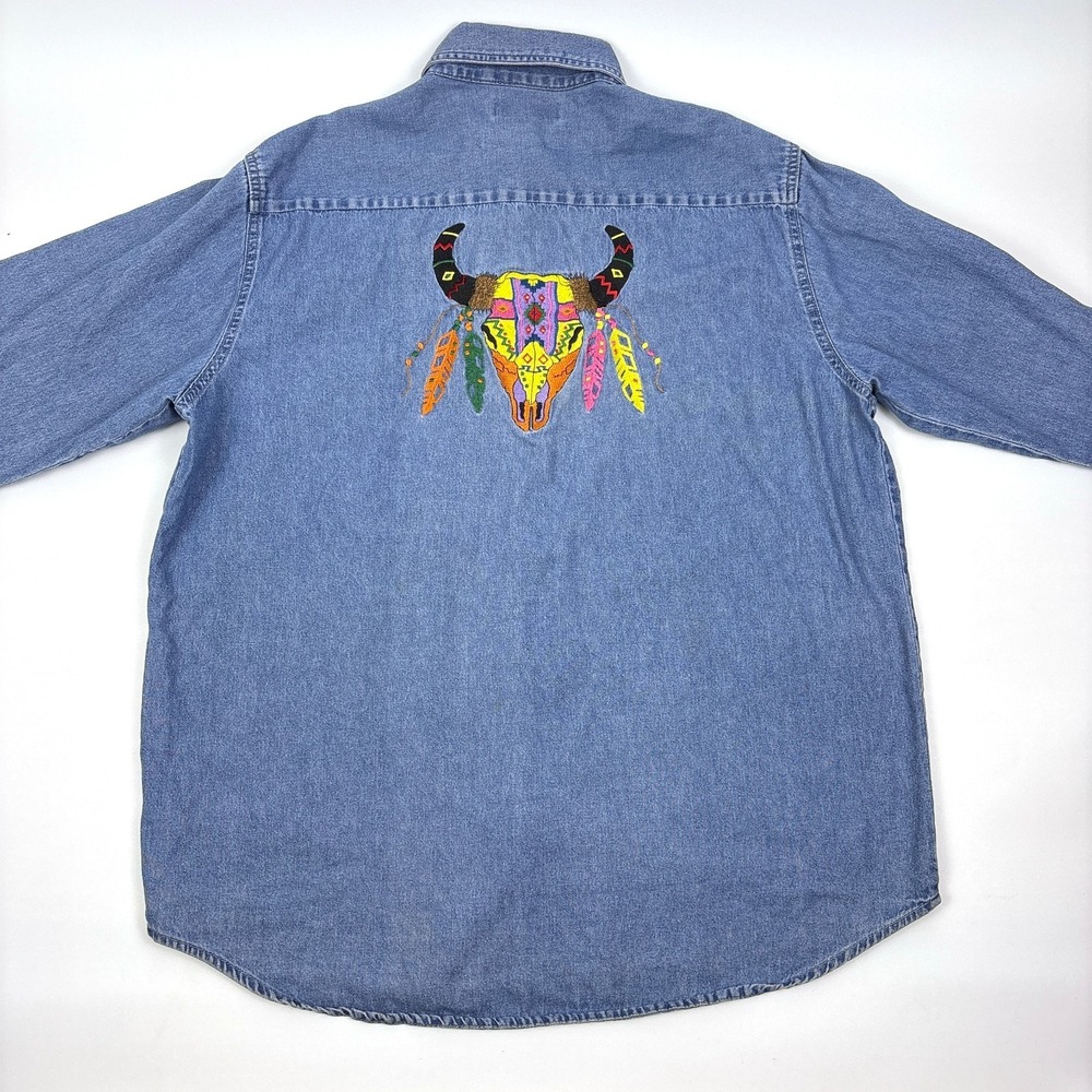 VTG Jerzees Denim Shirt Mens Sz L Indian Shield Embroidered Native American Cow